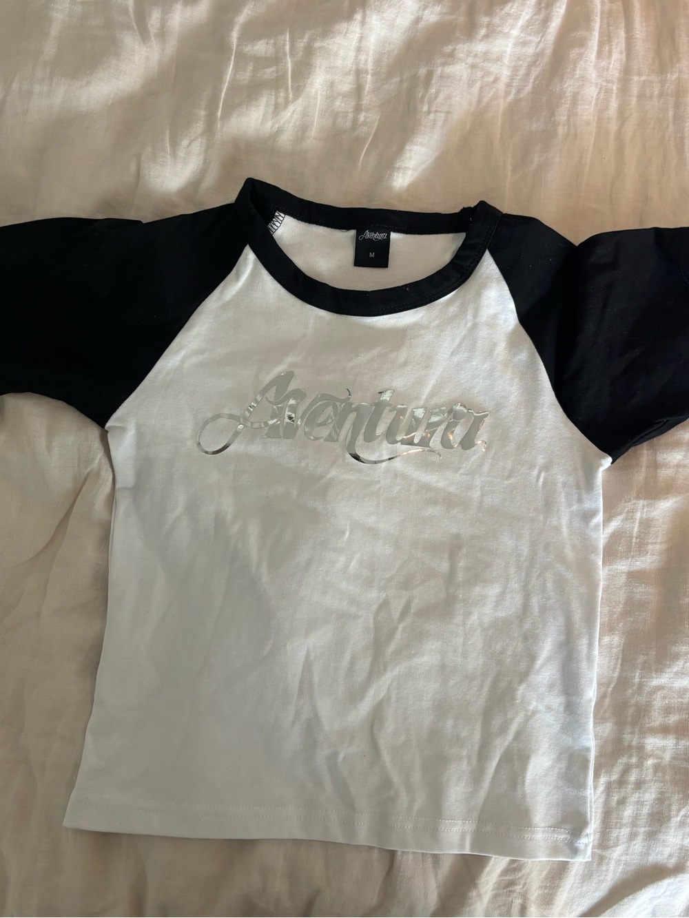 Aventura Black and White Baby Tee with Silver Script